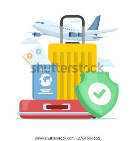 Vector concept of travel insurance and baggage protection for international vacations, highlighting safe trips, luggage safety, refund coverage, and global travel risk management. flat illustration.