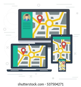 Vector concept of travel route on various devices. Tracking of cargo or location label on city map with roads on monitor of computer, laptop, tablet and smart phone. Web square banner in flat style