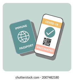 Vector concept of traveling. Vaccine passport, and a smart showing vaccinated on screen arrange on blue background. International travel symbol after Covid-19. illustration.