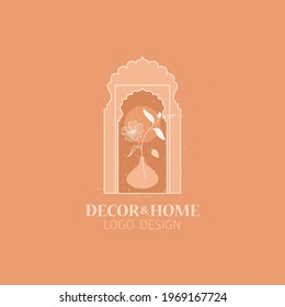 Vector concept of trendy arch logo with flower in a vase, linear style logo with window in moroccan style. Architecture emblem, badge design, Arabic silhouettes logo template. Exotic logotype theme.