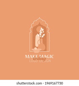 Vector concept of trendy arch logo with floral and different vases, ceramics elements, linear style logo with window in moroccan style. Architecture emblem, badge design, Arabic silhouettes logo 