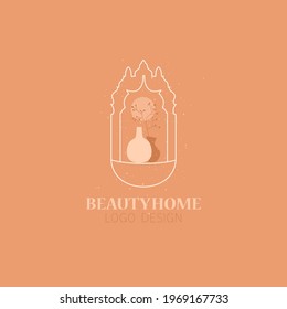 Concepto vectorial del logo de estilo moderno arco con flores secas en un jarrón, logo de estilo lineal con ventana de estilo marroquí. Emblema de arquitectura, diseño de placa, plantilla de logotipo de siluetas árabes. Logotipo exótico
