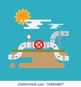 Vector concept of underground oil pipes network with valve. Flat vector illustration