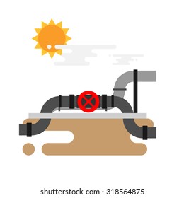 Vector concept of underground oil pipes network with valve. Flat vector illustration