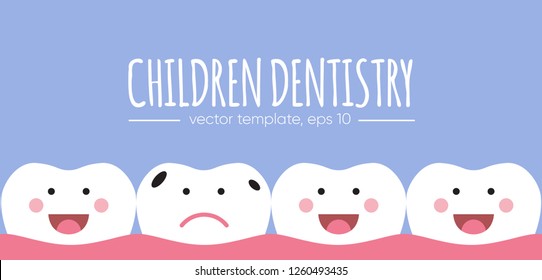 Vector concept with unhealthy tooth for children dentistry. Tooth emblem and copy text space.  Teeth cleaning. Dental care logo. Card, label, visit card, banner design template.