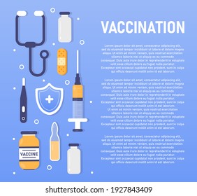 Vector concept of vaccination rules. Covid-19. Coronovirus. Medical stuff. Vials, syringe, plaster, thermometer, stethoscope and medical shield to protect against the virus. Vaccination rules.