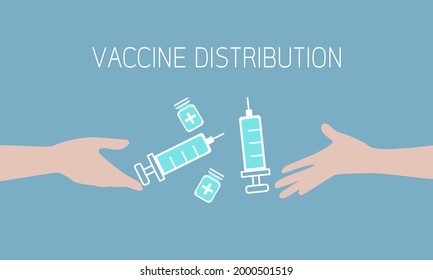 Vector concept of vaccine distribution. Hand giving syringe and bottle of vaccine to hand. illustration. Sharing vaccine concept.