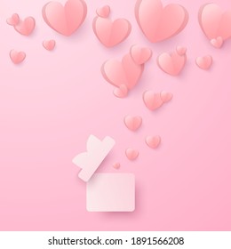 Concepto vectorial del cartel del día de San Valentín con caja de regalo con los corazones de papel volando y levantándose. Papel tapiz, volantes, invitaciones, carteles, folletos, pancartas.