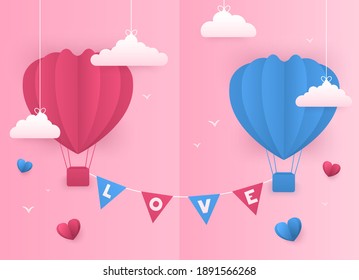 Vector concept of valentine's day banner with two colorful balloons between which the word "Love" is written. Clouds hanging from the rope. Wallpaper, flyers, invitations, posters, brochures, banners.