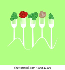 vector concept vegetarian illustration with forks and fresh spinach