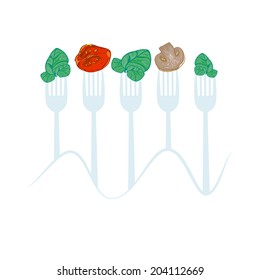 vector concept vegetarian illustration with forks and fresh spinach