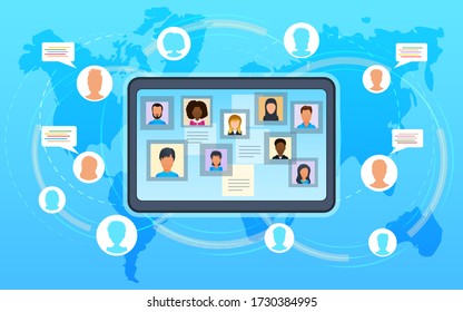 Vector concept of video conference, workshop training courses. Business team at online meeting work form home. Conference video call with clients during coronavirus quarantine
