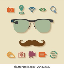 Vector concept of virtual mobile PC glasses functions like gps first aid search weather forecast photo video translator and wireless internet