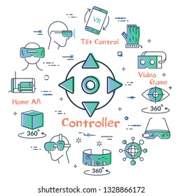 Vector concept of virtual reality diving. Linear icon of VR button controllers in center. Innovations technology in outline colored style. Mask for VR and other entertainment icons