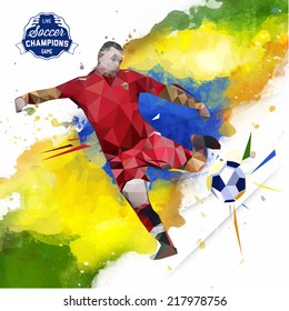 Vector concept of watercolors and geometrical figures footballer. Creative soccer design with labels for you.