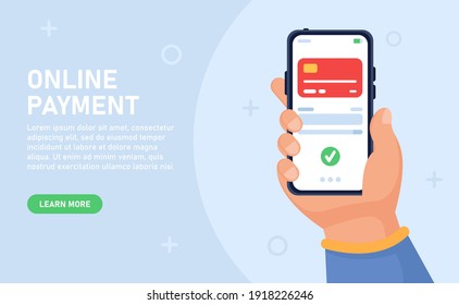 Vector concept of web banner for online payment. The hand holds a smartphone on which the application with payment is open. Successful money transfer. Can be used for websites and mobile applications.