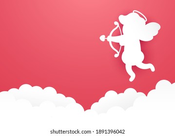 Vector concept of web banner for valentine's day. A paper cupid with a bow and arrow in his hands hovers in the air above the clouds and aim at the void. Blank space for your text. Valentine's Day.