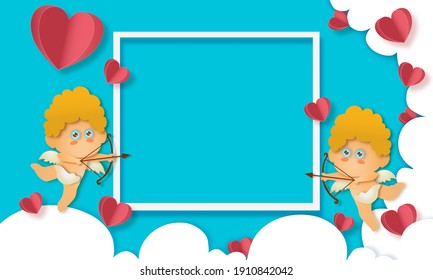 Vector concept of web banner for valentine's day. A paper cupid with a bow and arrow in his hands hovers in the air above the clouds. Paper elements Cupid valentine. Vector blue background.
