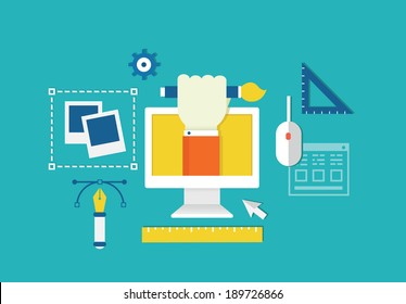 Vector concept of web design and devices for work. Equipment for creation - vector illustration