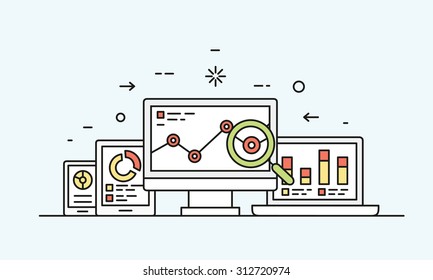 Vector concept of website analytics search information and computing data analysis using electronic and mobile devices. Isolated on blue background
