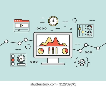 Vector concept of website analytics search information and computing data analysis using mobile devices, applications and special programs. Isolated on green background