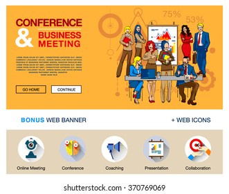 Vector concept for website, infographics. Flat bright design of web banner template with outline bonus icons of coworking, business people training, corporate conference, sales meeting presentation.