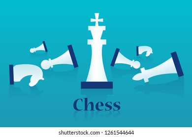 Vector concept of whipped chessmen and standing King in center with Chess text lettering. Eps 10 Vector illustration, Minimalist white blue flat business style modern design.