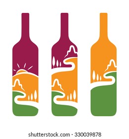 Vector concept of wine bottles with trees and mountains