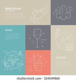 Vector concept of wine making process with different wine industry symbols including glass, grape, bottle, corckscrew with sample text. Perfect background for wine-related design. 
