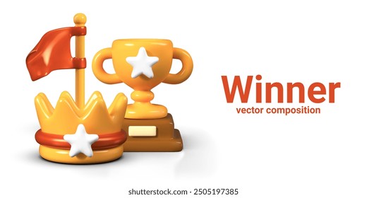 Vector concept of winner on white background. Golden attributes of champions in 3D style