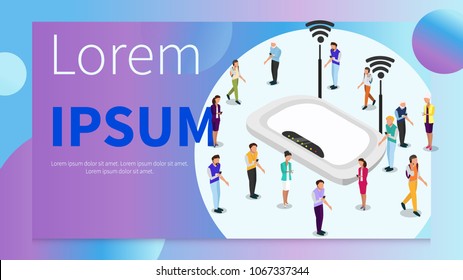 Vector concept of wireless technology devices. Flat  isometric poster with router and isometric people. -stock vector