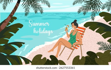 Vector concept of a woman in a lounge chair holding a cocktail under palm trees by the sea, in flat design style.