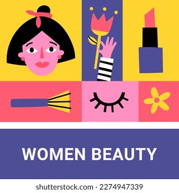 vector concept of women beaty, bright design with woman face, flower, lipstick, brush, eye