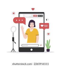 Das Vektorkonzept der Frauen live in den sozialen Medien. Illustration für Webseiten, Landingpages, mobile Apps, Poster und Banner. Trendflache Vektorgrafik