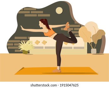 Vector in the concept of women taking care of health. Exercise at home with yoga. In warm color mode suitable for exercise