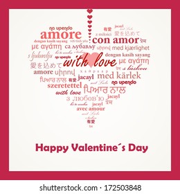 Vector concept of words "with love" in many languages forming a heart shape.