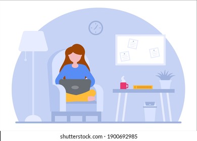 Vector concept of work at home. Freelance girl works on laptop while sitting on an armchair. Remote work online at home in quarantine. Learning concept. Coworking space flat illustration. Covid-19.