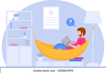 Vector concept of work at home. A freelance man lies in a hammock and works at a laptop. Remote work online at home in quarantine. Learning concept. Coworking space flat illustration. Covid-19.
