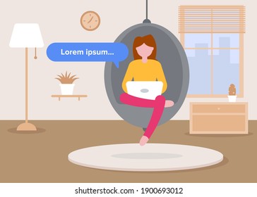 Vector concept of work at home. Freelance girl works at a laptop while sitting in a swing chair. Remote work online at home in quarantine. Place where you can insert text. Detailed background. Flat.
