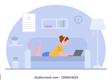 Vector concept of work at home. Freelance girl works on laptop while lying on the couch. Remote work online at home in quarantine. Learning concept. Coworking space flat illustration. Covid-19.