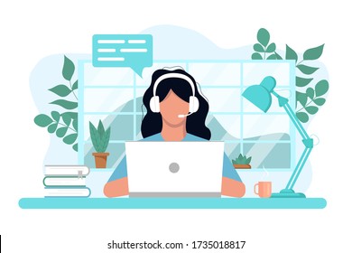 Vector concept of work and learning from home, chat online support remotely. Isolated white background. Girl at the computer in headphones. With flowers, books and a lamp. Flat style, pastel colors.