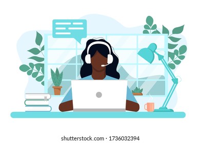 Vector concept of work and learning from home, chat online support remotely. Isolated white background. african Girl at the computer in headphones. With flowers, books and a lamp. Flat style, pastel