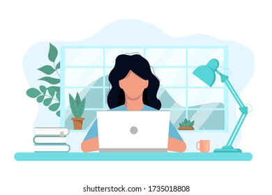 Vector concept of work and study at home, chat online support remotely from home. Isolated white background. Young girl at a computer with flowers, books and a lamp. Illustration, flat style.
