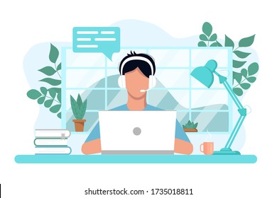 Vector concept of work and study at home, chat online support remotely. Isolated white background. The guy at the computer in the headphones. With flowers, books and a lamp. Flat style, pastel colors.