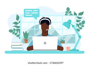 Vector concept of work and study at home, chat online support remotely. Isolated white background. African guy at the computer in headphones. With flowers, books and a lamp. Flat style, pastel colors.
