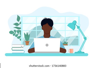 Vector concept of work and study at home, chat online support remotely from home. Isolated white background. The guy at the computer c. with flowers, books and a lamp. Flat style, pastel colors.