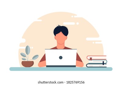 Vector concept of work and study at home, chat online support remotely from home. Isolated white background. The guy at the computer c. with flowers, books and a lamp. Flat style, pastel colors.