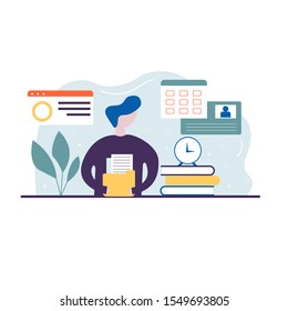 vector concept of work time management with character, alarm clock, business task planning, schedule checkpoints, planner. Illustration can be used for web banner, infographics, presentations