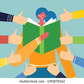 Vector concept of World Book Day in the flat style. A girl reads a book and public approval with surrounded by hands with thumbs up in flat style.