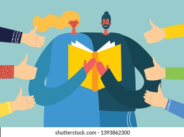 Vector concept of World Book Day in the flat style. A girl and a boy read a book and public approval with surrounded by hands with thumbs up in flat style.